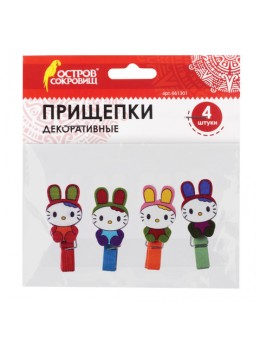 Прищепки декоративные, 'Зайчики', 4 штуки, ассорти, ОСТРОВ СОКРОВИЩ, 661301 Прищепки декоративные, 'Зайчики', 4 штуки, ассорти, ОСТРОВ СОКРОВИЩ, 661301