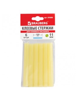 Клеевые стержни, диаметр 11 мм, длина 100 мм, желтые, комплект 6 штук, BRAUBERG, европодвес, 670303 Клеевые стержни, диаметр 11 мм, длина 100 мм, желтые, комплект 6 штук, BRAUBERG, европодвес, 670303