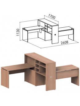 Стол 1200 мм с приставкой-стеллажом 'Профит', КОМПЛЕКТ НА 2 РАБОЧИХ МЕСТА, ПРАВЫЙ, ясень альтера