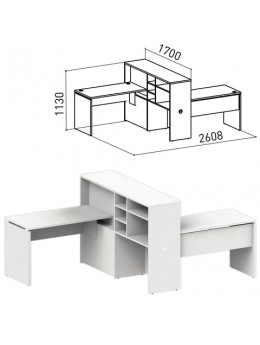 Стол 1200 мм с приставкой-стеллажом 'Профит', КОМПЛЕКТ НА 2 РАБОЧИХ МЕСТА, ПРАВЫЙ, белый
