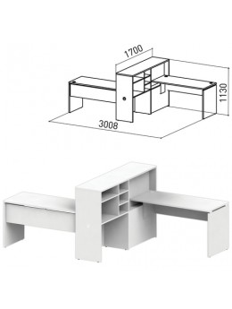 Стол 1400 мм с приставкой-стеллажом 'Профит', КОМПЛЕКТ НА 2 РАБОЧИХ МЕСТА, ЛЕВЫЙ, белый