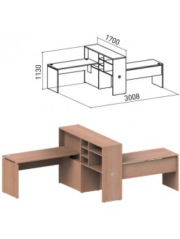 Стол 1400 мм с приставкой-стеллажом 'Профит', КОМПЛЕКТ НА 2 РАБОЧИХ МЕСТА, ПРАВЫЙ, ясень альтера