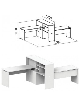 Стол 1400 мм с приставкой-стеллажом 'Профит', КОМПЛЕКТ НА 2 РАБОЧИХ МЕСТА, ПРАВЫЙ, белый