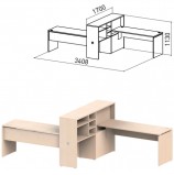 Стол 1600 мм с приставкой-стеллажом 'Профит', КОМПЛЕКТ НА 2 РАБОЧИХ МЕСТА, ЛЕВЫЙ, дуб шамони