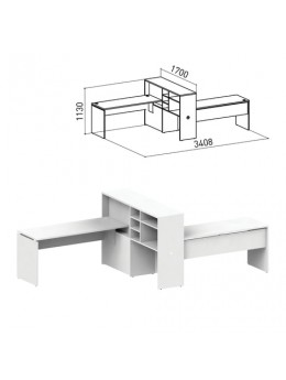 Стол 1600 мм с приставкой-стеллажом 'Профит', КОМПЛЕКТ НА 2 РАБОЧИХ МЕСТА, ПРАВЫЙ, белый